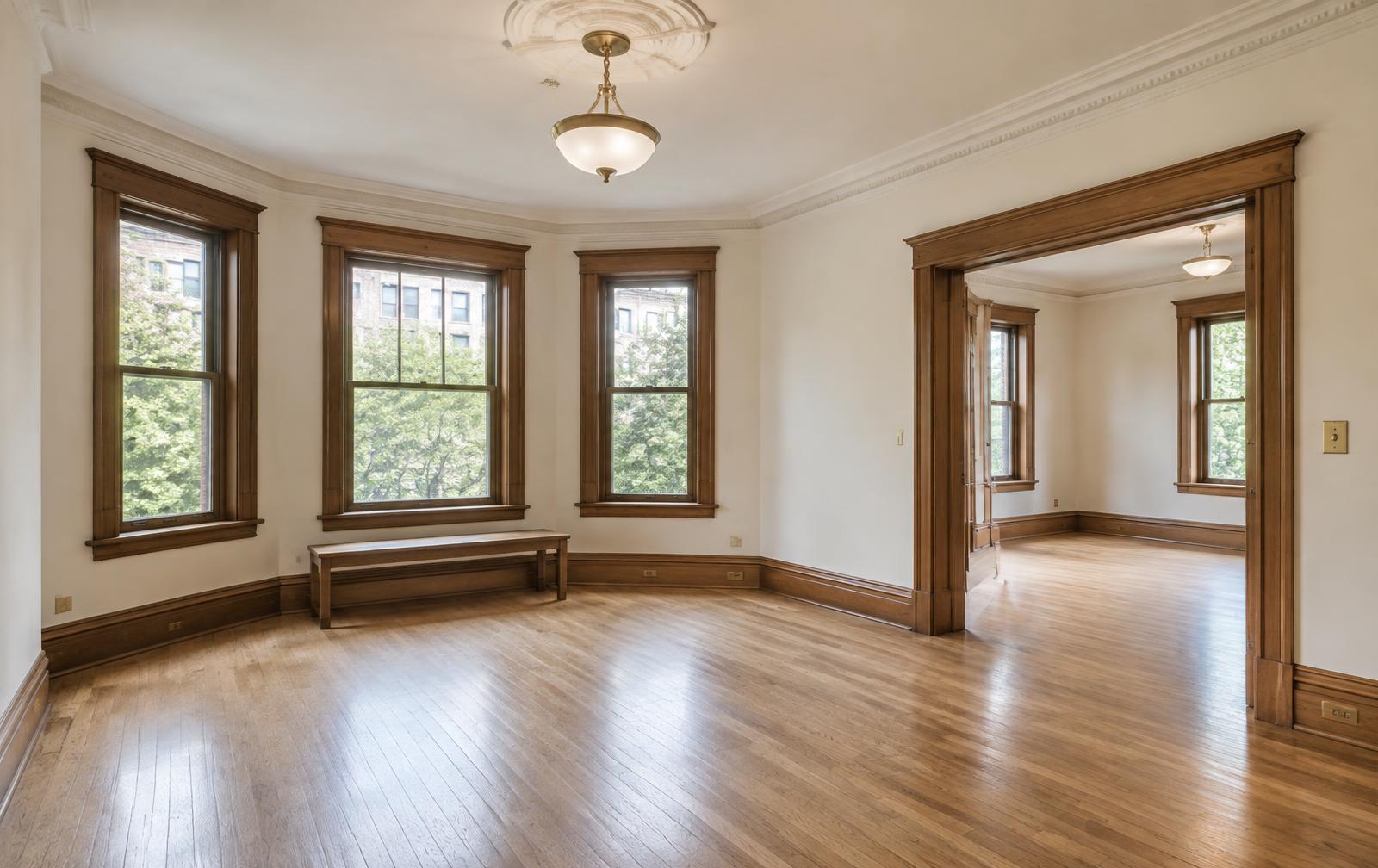 Restored plaster, trim, flooring, and lighting in a city apartment