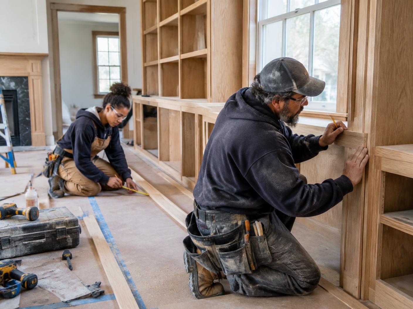 Finish carpentry work underway in a Historic home