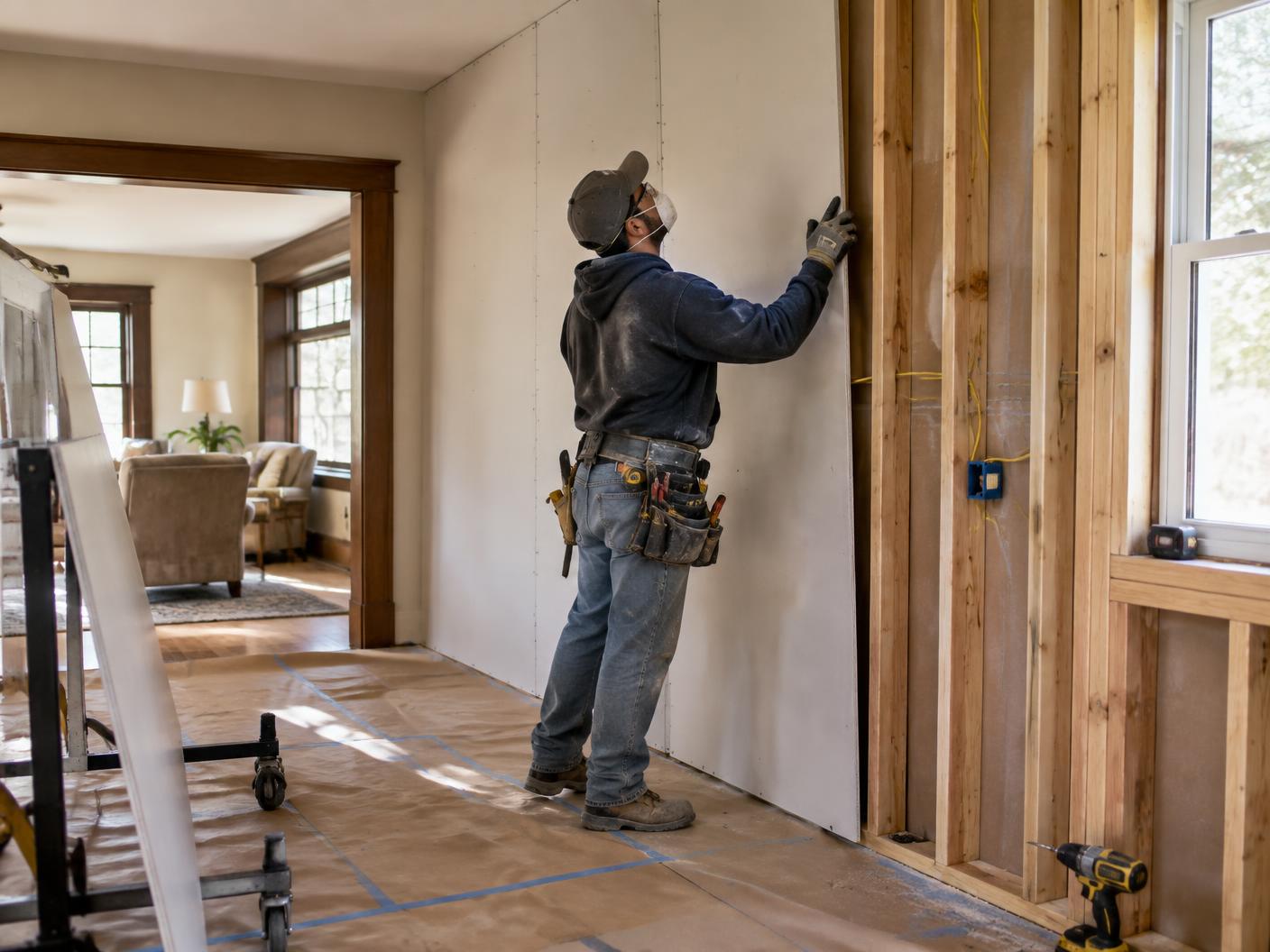 Drywall & framing work underway in a Bungalow remodel