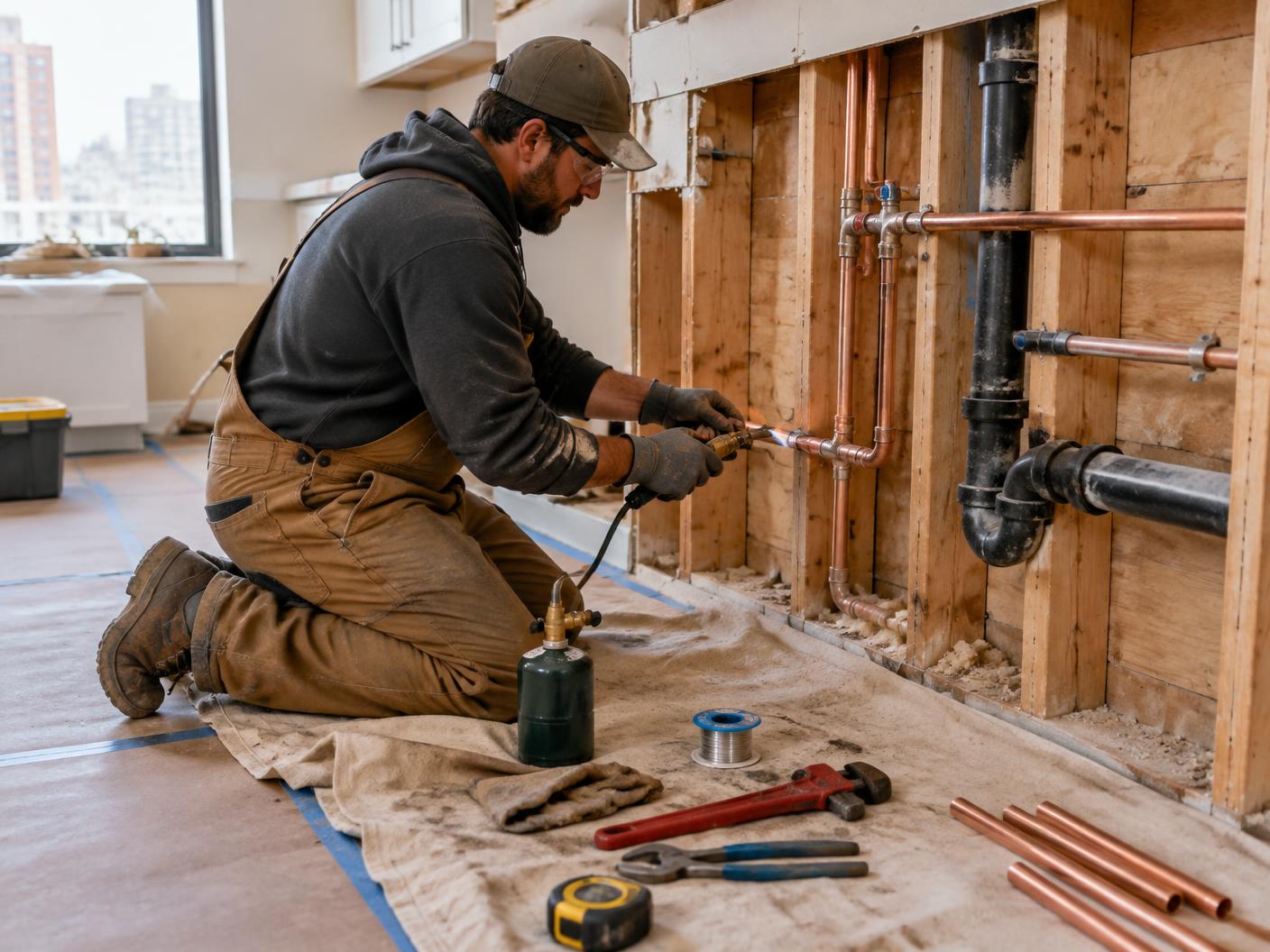Plumbing work in progress at a Single-family kitchen remodel