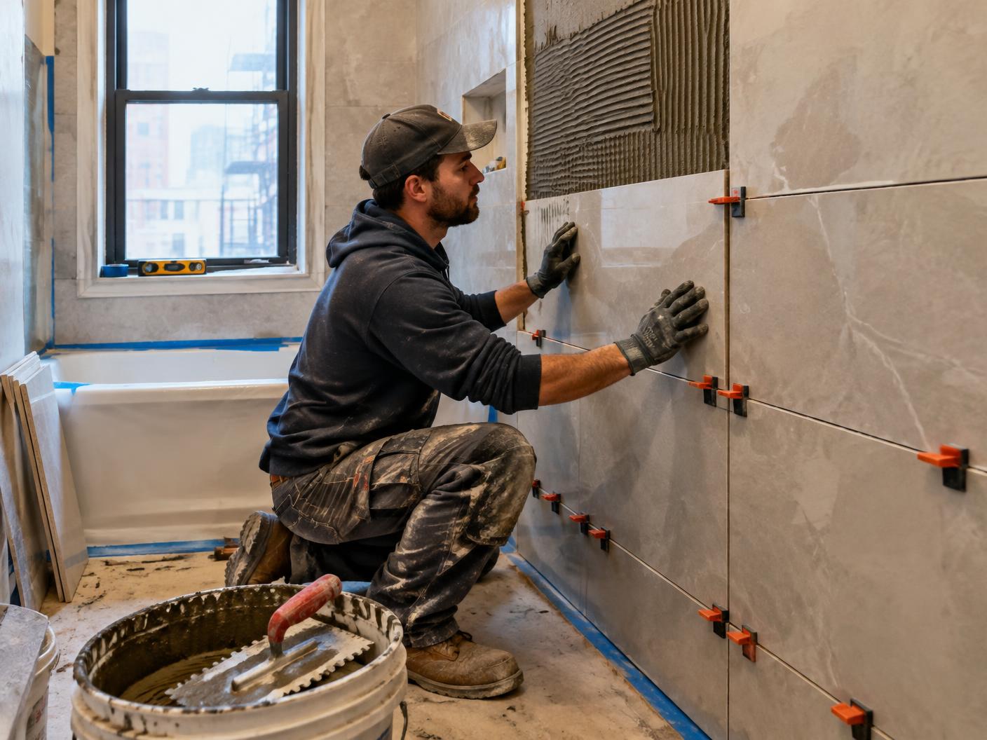 Flooring & Tile work in progress at a High-finish home bath